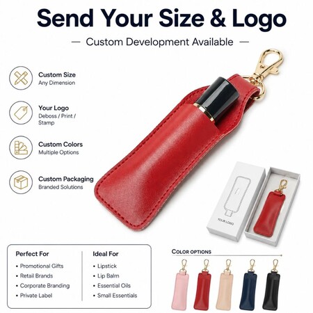 Customizable leather lip balm holder keychains with OEM branding, custom box packaging, and logo debossing options.