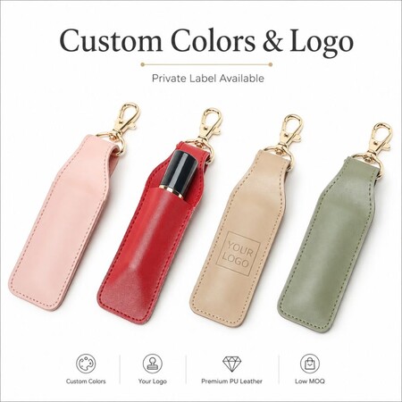 Private label PU leather lipstick pouches in various colors with debossed custom logo for promotional accessories.