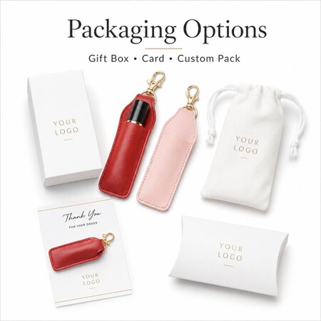 Custom packaging options including gift boxes, pouch bags, and cards for branded leather lipstick pouch keychains.