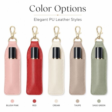 Colorful PU leather lip balm holder keychains in blush pink, red, cream, taupe, and sage green for OEM wholesale.