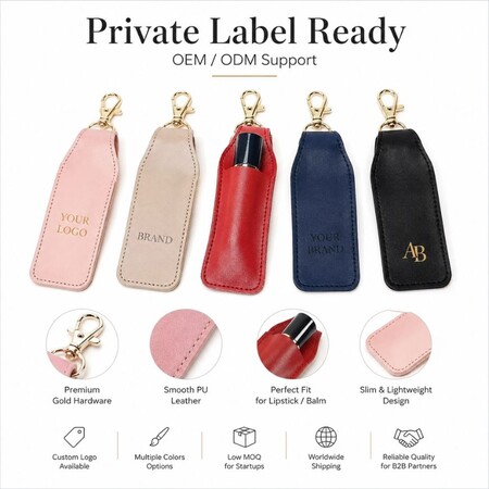 OEM/ODM private label leather lipstick keychains featuring custom logo options and premium gold hardware.