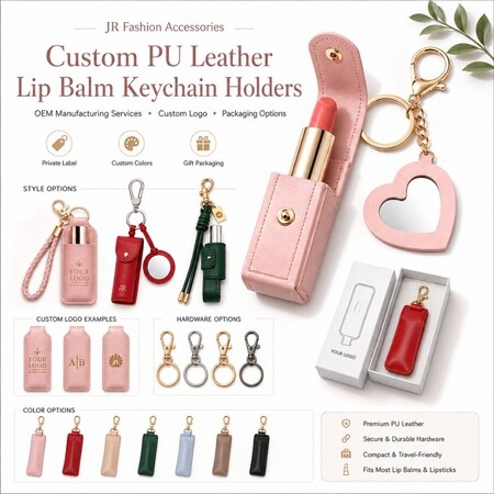 Porta balsamo labbra in pelle - Portachiavi personalizzati in PU pelle con balsamo labbra, specchio e confezione regalo per branding cosmetico all'ingrosso OEM.