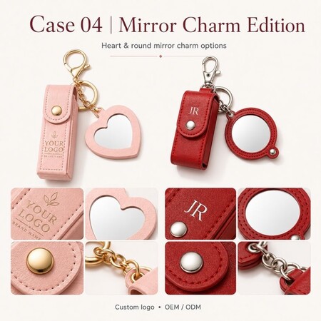 Étuis à rouge à lèvres en cuir PU rose et rouge avec options de charme en forme de cœur et de miroir rond et branding de logo personnalisé pour l'approvisionnement OEM/ODM.
