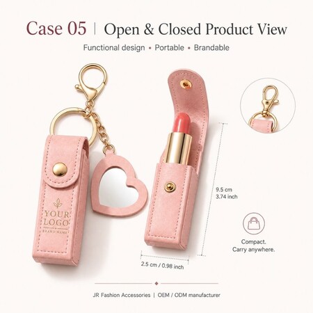 Porte-clés en cuir rose pour étui à rouge à lèvres avec miroir en forme de cœur montré en vues ouvertes et fermées avec dimensions pour la fabrication OEM.