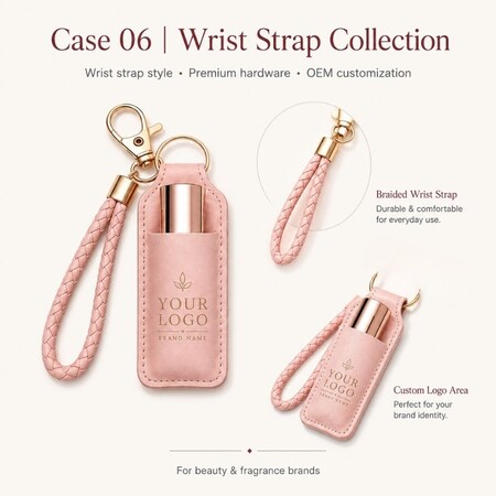 Porte-clés en cuir PU rose pour baume à lèvres avec sangle tressée et zone de logo personnalisée pour les marques de cosmétiques et de parfums.