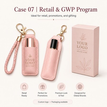 Porte-clés en cuir rose pour baume à lèvres avec emballage de boîte cadeau de marque, adapté pour le commerce de détail et les programmes GWP de beauté.