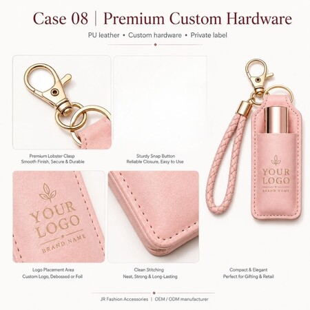 Vue détaillée du porte-clés en cuir PU rose pour baume à lèvres mettant en évidence le fermoir en homard, le bouton-pression, la couture et la zone de logo.