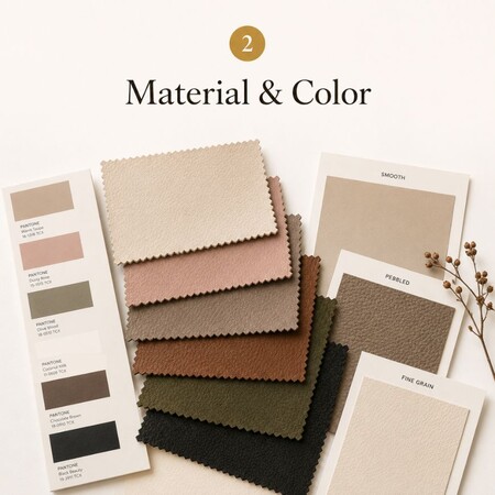 Leren materiaal- en kleurstalen, inclusief Pantone-opties voor groothandelsproductie.