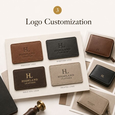Op maat gemaakte logo-opties met debossed, embossed, goudfolie en bedrukte branding.