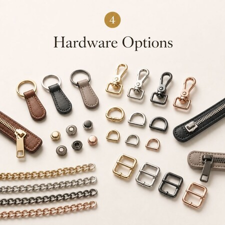Aanpasbare metalen hardware-opties, waaronder sleutelhangers, sluitingen, ritsen en kettingen.