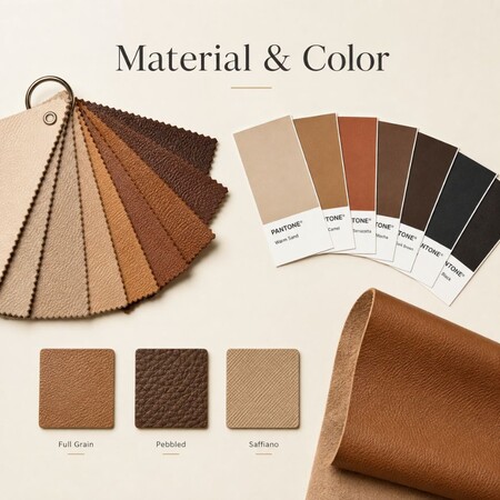Volnerf en gepebbelde leren stalen met Pantone-kleurstalen, essentieel voor de productie van op maat gemaakte leren goederen.