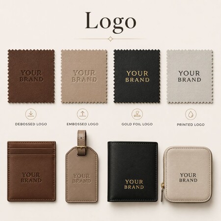 Op maat gemaakte leren goederen met ingedrukte, geperste, gouden folie en bedrukte logo-branding opties voor OEM en groothandel.