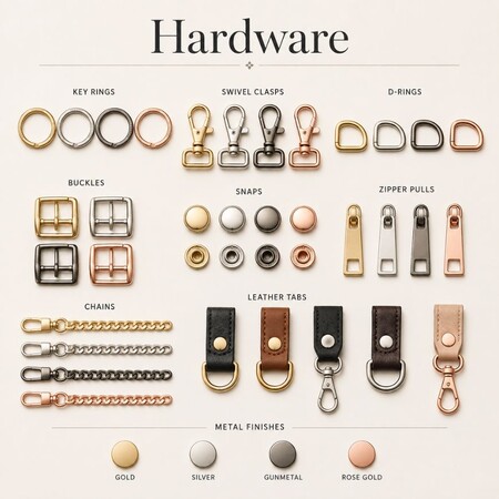 Diverse metalen hardware, waaronder sleutelhangers, sluitingen, gespen en ritsen in afwerkingen van goud, zilver, gunmetal en roségoud.