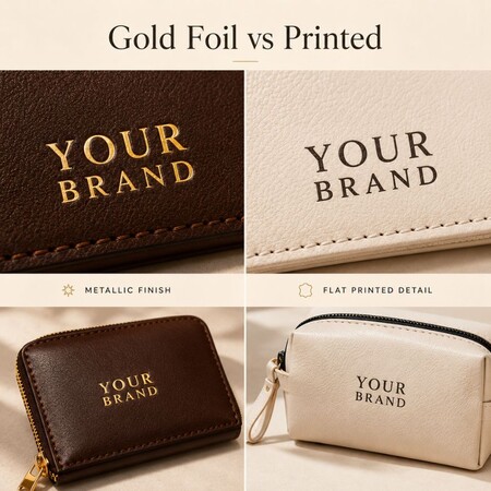 Vergelijking van metallic gouden folie-stempeling versus vlakke bedrukkingstechnieken op aangepaste leren portemonnees en zakjes.