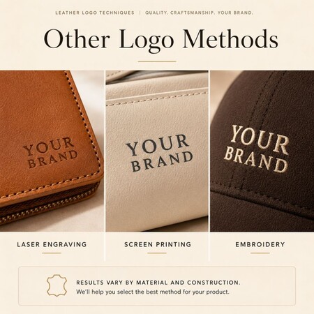 Overzicht van lasergravure, zeefdruk en borduurmethoden voor gepersonaliseerde leren accessoires en promotionele geschenken.