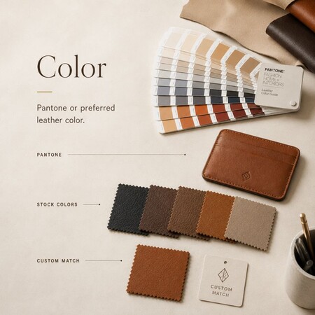 Gids voor kleurselectie van op maat gemaakt leer met Pantone-stalen, standaardkleuren en opties voor kleurmatching.