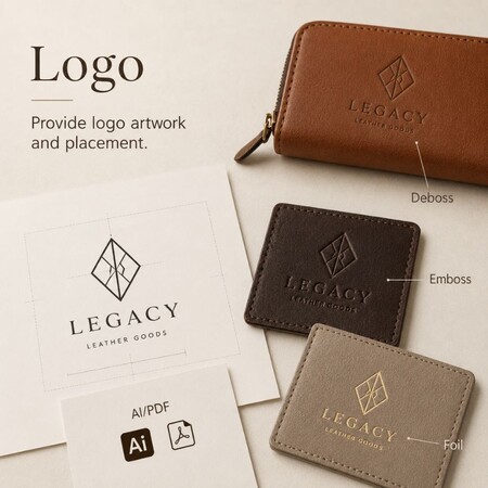 Gids voor logo-branding van op maat gemaakt leer met demonstratie van vectorafbeelding indiening met deboss, emboss en folie-stempelen technieken.