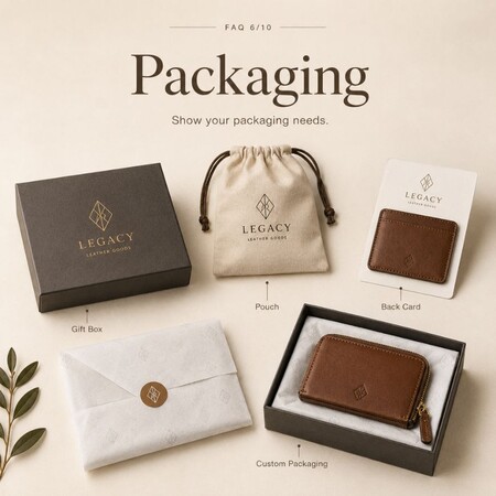 Opties voor op maat gemaakte leerverpakking, waaronder stevige geschenkdozen, trekkoordzakjes, achterkaarten en gebrandmerkte inpak.