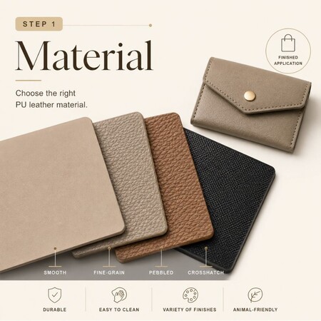 Stap 1: materiaalselectiegids met gladde, fijne korrel, geribbelde en kruislingse PU-leertexturen voor op maat gemaakte goederen.