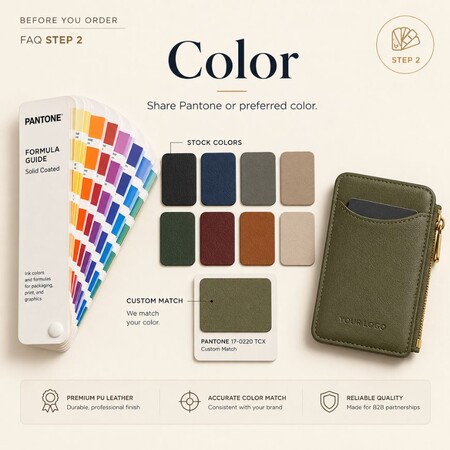 Stap 2: kleurenspecialisatiegids met Pantone-kleurstalen, standaardkleuren en op maat gemaakte matchopties voor leerproducten.
