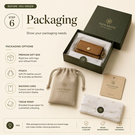 Stap 6: gids voor verpakkingsopties met premium geschenkdozen, leren zakjes, achterkaarten en merk-tissueverpakking.