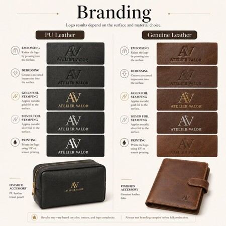 Vergelijking van brandingmethoden, waaronder embossing, debossing en folie-stempelen op PU versus echt leer.