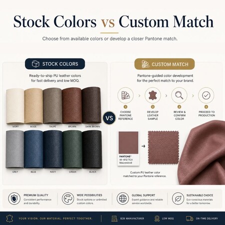 Voorraadkleuren versus op maat gemaakte Pantone matching opties voor PU leren producten in bulk.