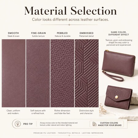 PU leren materiaaltexturen en oppervlakteafwerkingen voor op maat gemaakte modeaccessoires.