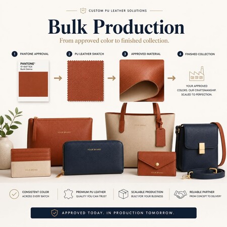 Bulkproductieproces van Pantone goedkeuring tot voltooide PU leren collecties.