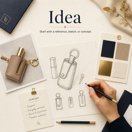 Initiële conceptontwerpfase met referentieschetsen en materiaalstalen voor op maat gemaakte leren accessoires.
