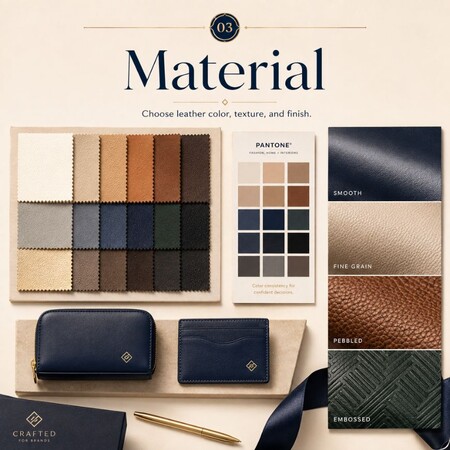 Selectie van PU-leermateriaal inclusief kleurstalen, Pantone-referenties en textuurafwerkingen.