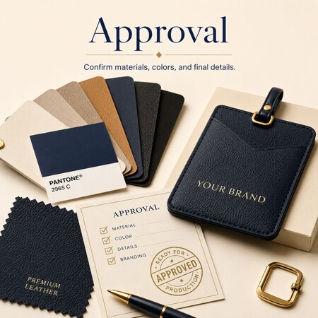 Goedkeuringschecklist voor monsters ter bevestiging van materialen, kleuren en brandingdetails voor productie.