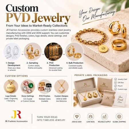 سير عمل تصنيع مجوهرات PVD المخصصة OEM ODM مع خيارات تعبئة العلامات الخاصة.