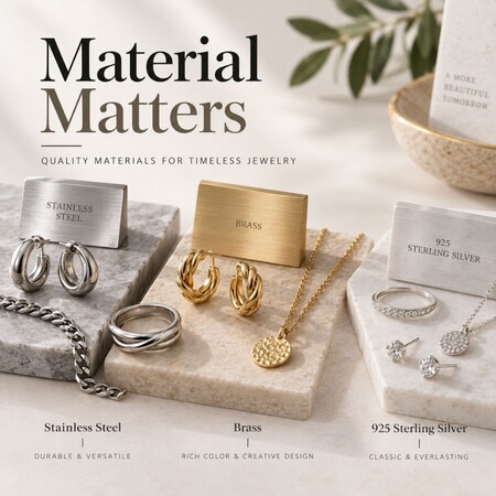 Assorted jewelry materials including stainless steel, brass, and 925 sterling silver samples for custom jewelry manufacturing.