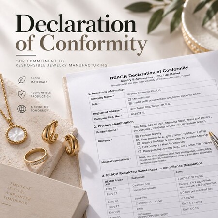 REACH Declaration of Conformity document alongside responsible jewelry manufacturing components for EU markets.