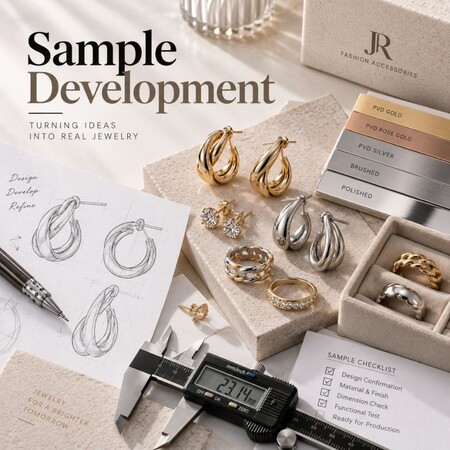 Custom jewelry sample development featuring design sketches, digital calipers, and metal finish swatches.