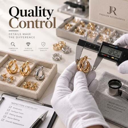 Quality control inspection of fashion jewelry using digital calipers and magnifying tools for precise manufacturing standards.