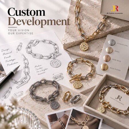 Custom jewelry development showing design sketches, 3D prototype, metal plating samples, and finished chain bracelets.