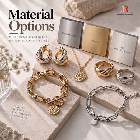 B2B jewelry material options including stainless steel, brass, and 925 sterling silver with finished gold jewelry samples.