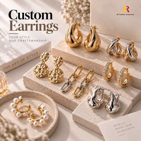 Wholesale custom earring manufacturing display featuring gold hoops, textured drop earrings, and pearl huggies.