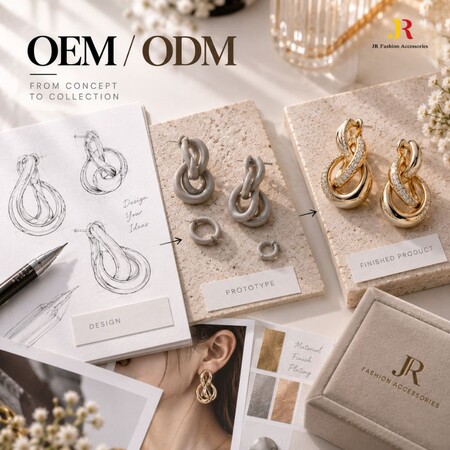OEM ODM jewelry manufacturing workflow from hand sketch and grey resin prototype to finished pave crystal hoop earrings.