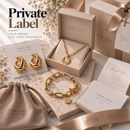 Private label fashion jewelry set with custom branded packaging boxes, velvet pouches, display cards, and thank you notes.