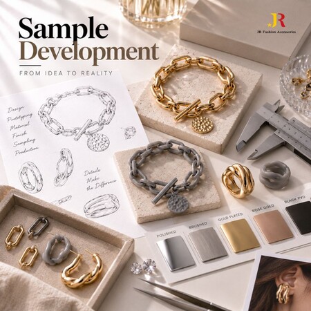 Custom jewelry sample development display with caliper measurement, metal finish swatches, technical sketches, and rings.