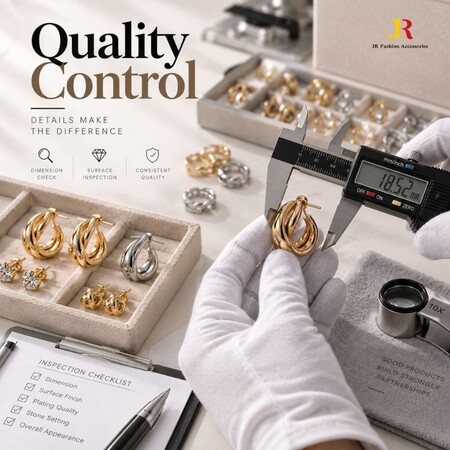 Quality control inspection for wholesale earrings using digital caliper measurement and a B2B inspection checklist.