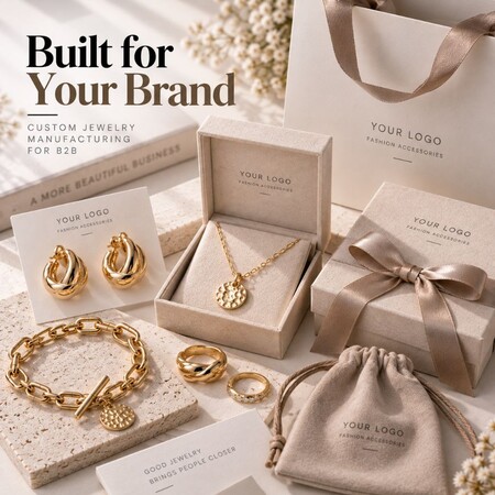 Complete custom jewelry collection displayed with branded B2B gift boxes, luxury ribbon packaging, and pouches.