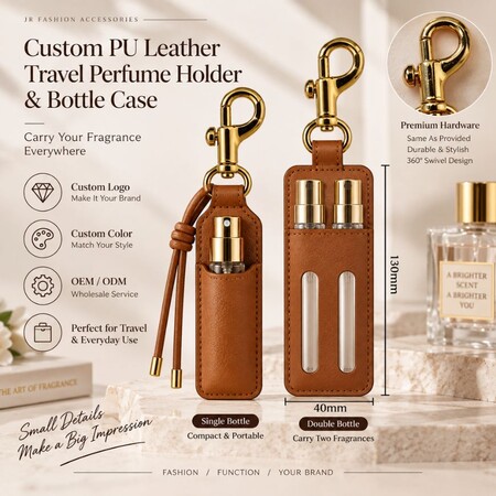 Custom PU Leather Travel Perfume Holder & Bottle Case - Custom PU leather travel perfume holder cases with metal clasp, showing single and double bottle OEM wholesale options.