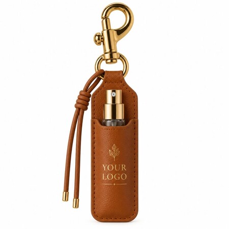 Custom brown PU leather mini perfume bottle keychain with gold swivel clasp and debossed brand logo.