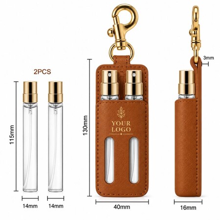 Product dimensions of custom PU leather dual perfume spray bottle holder keychain for OEM wholesale.
