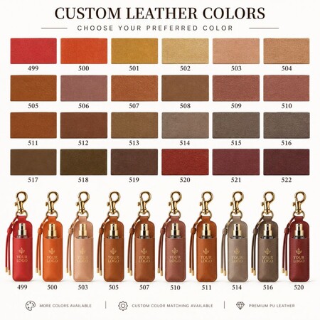 Custom PU leather color chart and swatches for wholesale mini perfume bottle keychains.