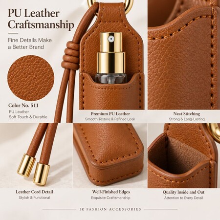 Craftsmanship details of custom PU leather perfume holder showing neat edge stitching and leather cord.
